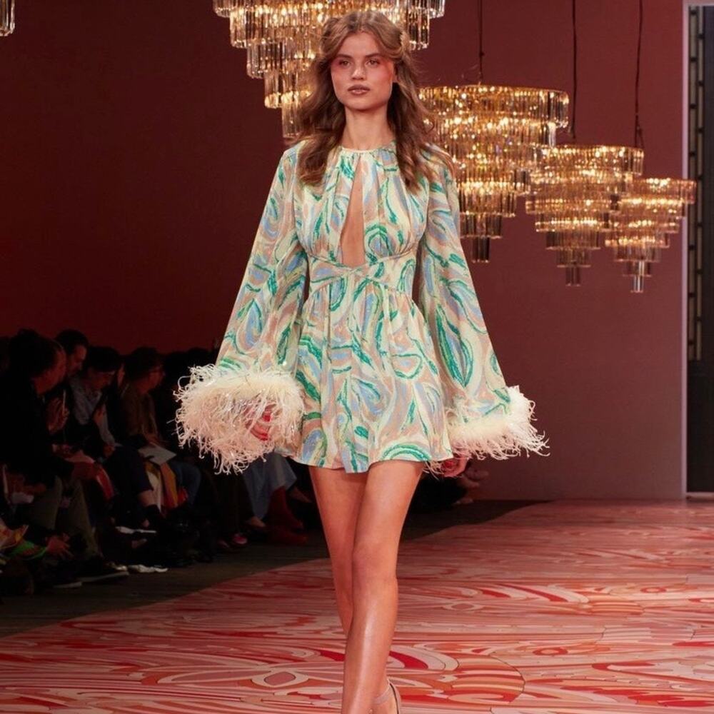 Alice McCall Swan Lake Feather Trim Mini Dress Citrus Print NWT US 4